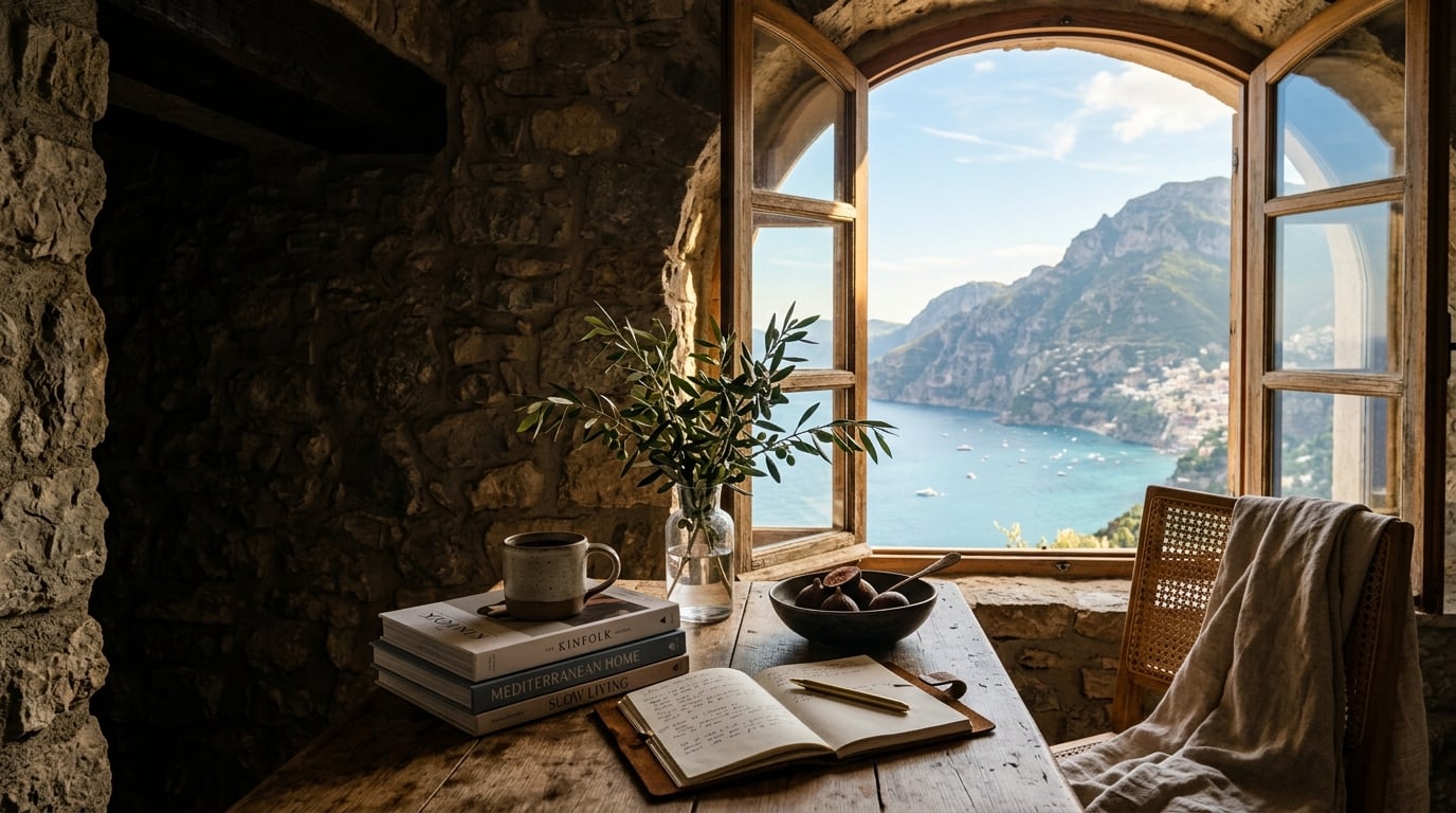 Warm Mediterranean coastal villa workspace