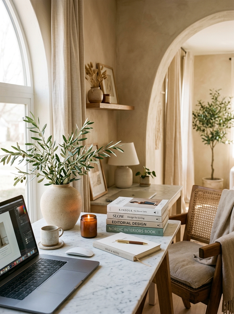 Editorial workspace with olive branch and design books