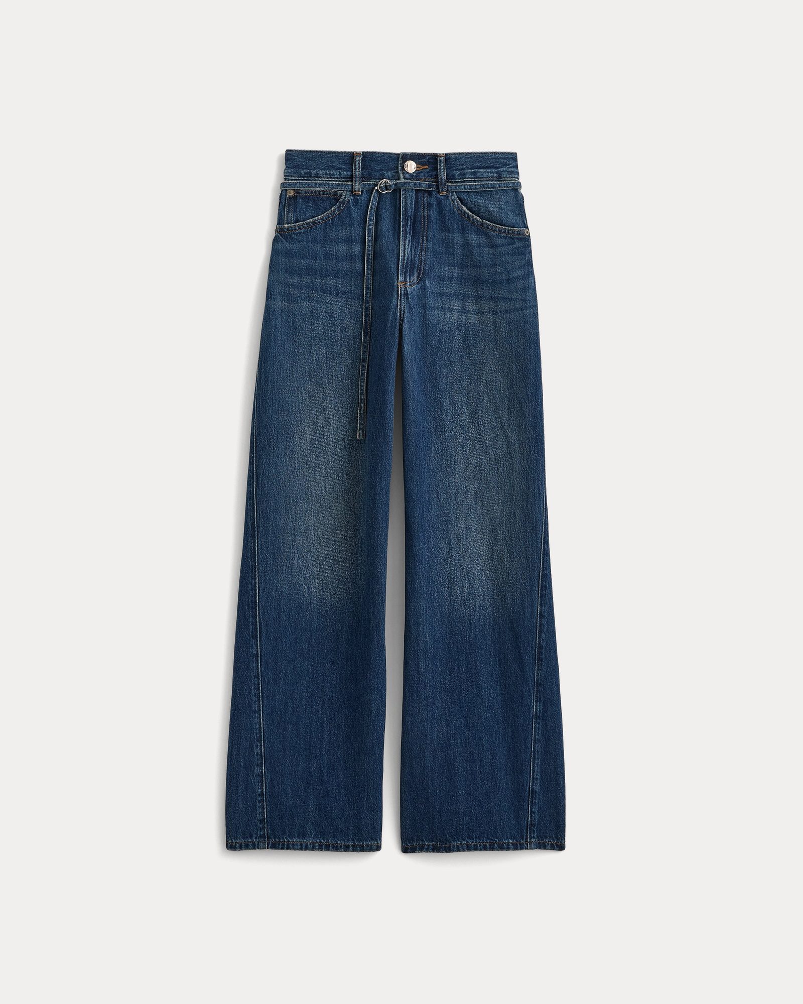 Flat lay of dark blue wide-leg jeans with drawstring waist detail